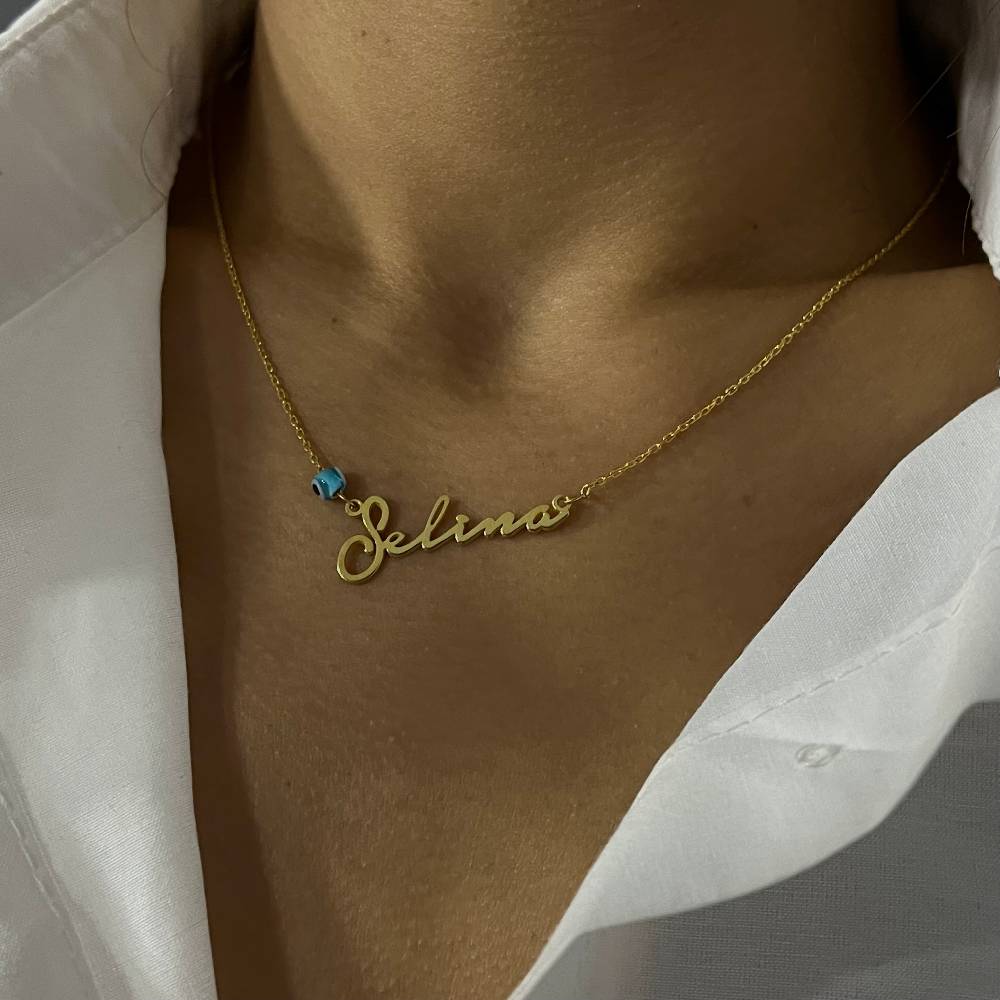 Kardelen Signatur Kette - Waagerecht mit Blaue Nazar Auge - 925 SILBER 50% Rabatt mit kostenlosem Versand