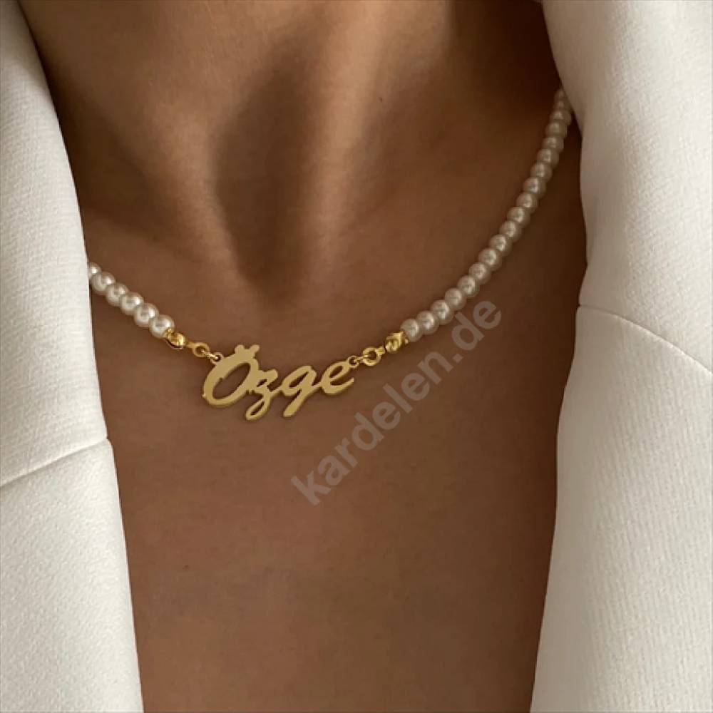 Kardelen Signatur Kette Waagerecht mit Perlen - 925 SILBER Kostenloser Versand