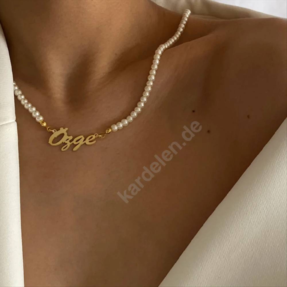 Kardelen Signatur Kette Waagerecht mit Perlen - 925 SILBER Kostenloser Versand