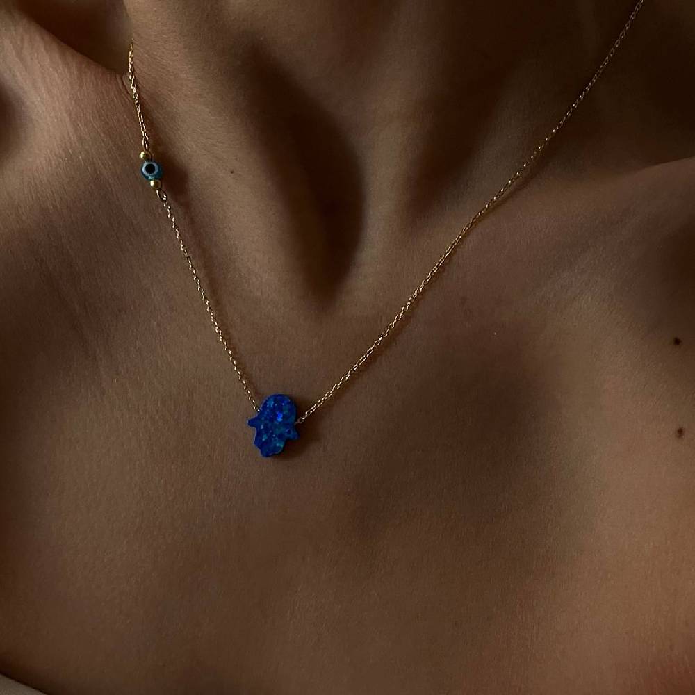 Kardelen Fatimas Hand Opal Kette mit Nazar Augenkette Dunkelblau - 925 SILBER Großer Ausverkauf