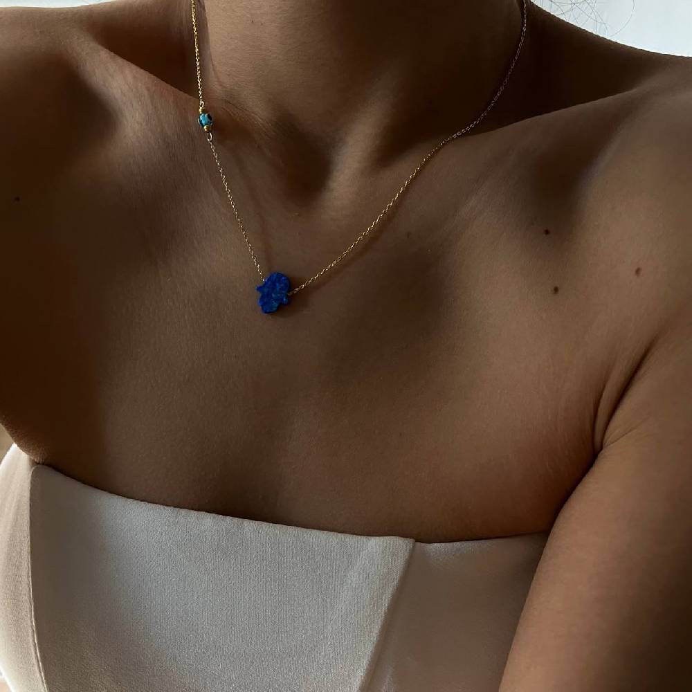 Kardelen Fatimas Hand Opal Kette mit Nazar Augenkette Dunkelblau - 925 SILBER Großer Ausverkauf