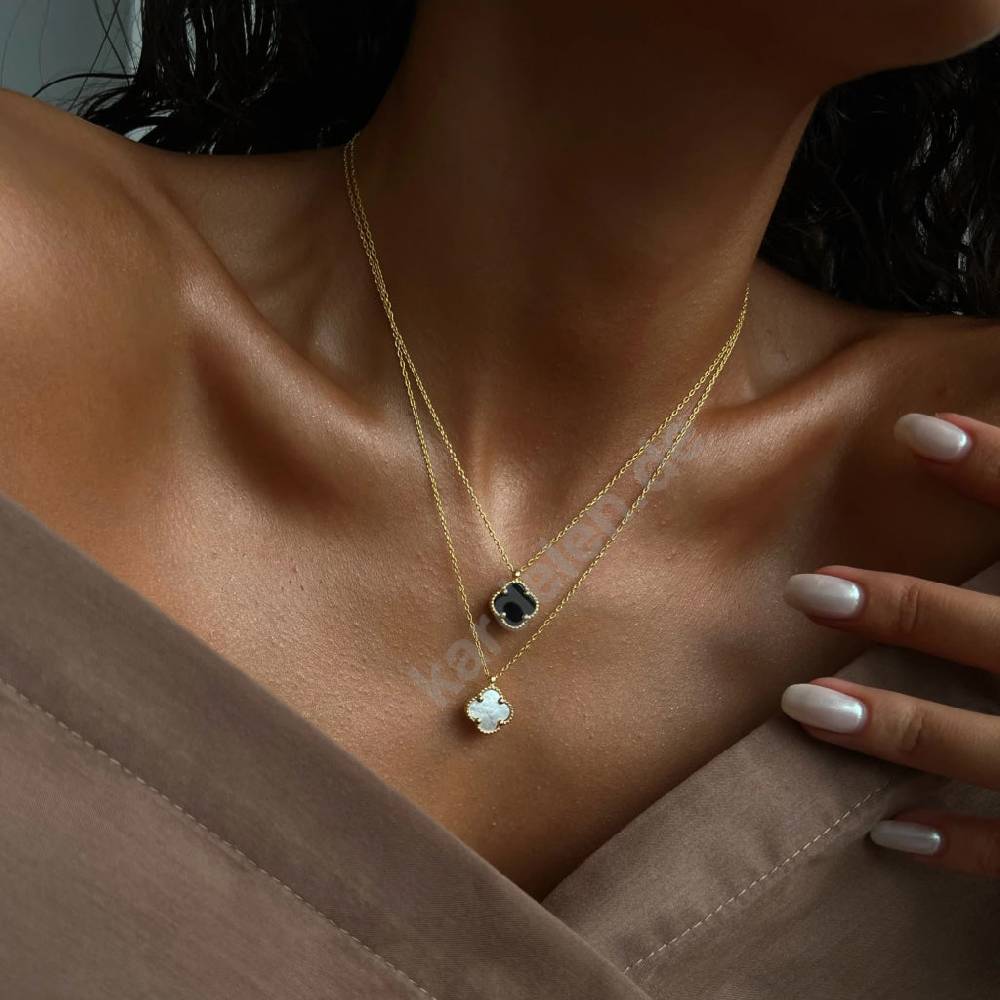 Kardelen 14K GOLD KLEE SCHWARZE HALSKETTE Fabrikladen