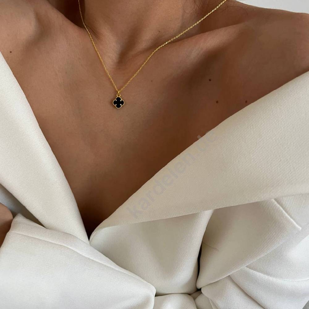 Kardelen 14K GOLD KLEE SCHWARZE HALSKETTE Fabrikladen