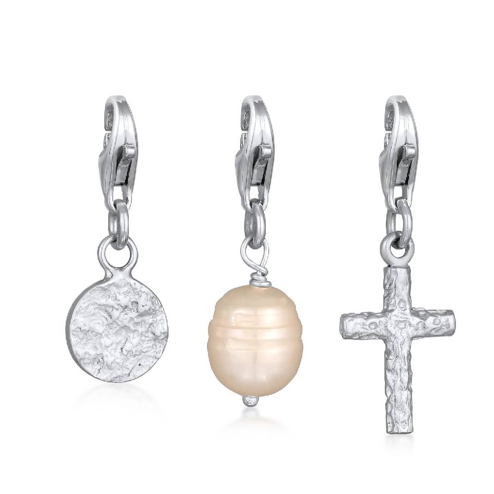 Kuzzoi Charm-Set Kreuz Plättchen Perle | Süßwasserzuchtperle Zeitlich begrenztes Angebot