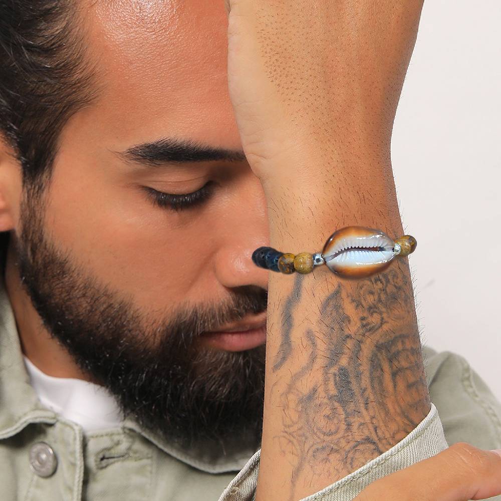 Kuzzoi Armband Kauri Muschel | Tigerauge, Lava Perlen Nur noch ein Tag übrig