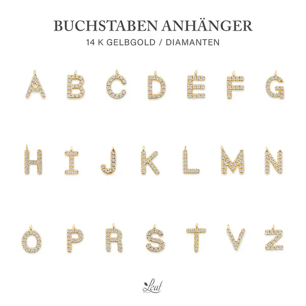 Leaf Jewelry Glücksarmband mit Letter Charm, 14 K Gelbgold mit Diamanten Speichern exportieren