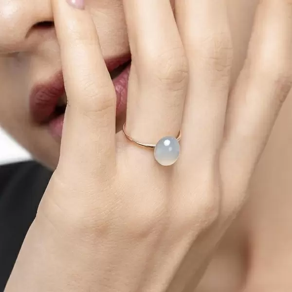 Leaf Jewelry Ring Cabochon II, 14 K Rosegold, Sea Blue Chalzedon Große Rabatte