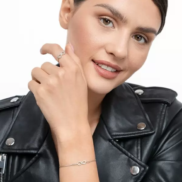 Leaf Jewelry Glücksbändchen Infinity mit Diamanten, 18 K Weißgold, Beige Räumungsverkauf