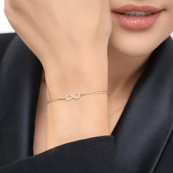 Leaf Jewelry Glücksbändchen Infinity mit Diamanten, 18 K Weißgold, Beige Räumungsverkauf