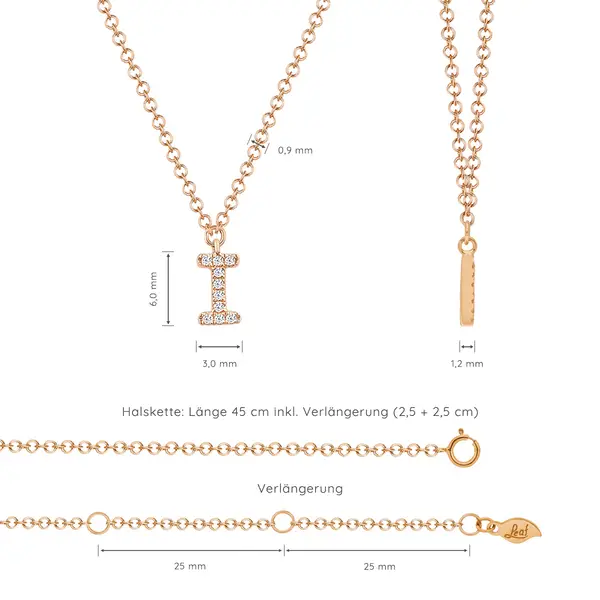 Leaf Jewelry Halskette Letter "I", 14 K Rosegold mit Diamanten Letzte 3 Tage