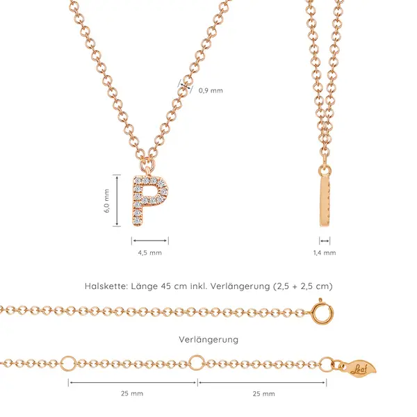 Leaf Jewelry Halskette Letter "P", 14 K Rosegold mit Diamanten Im Verkauf