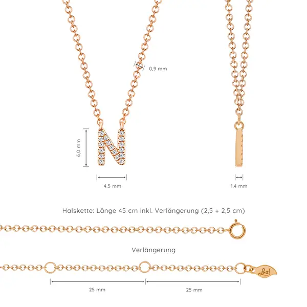 Leaf Jewelry Halskette Letter "N", 14 K Rosegold mit Diamanten zollfrei
