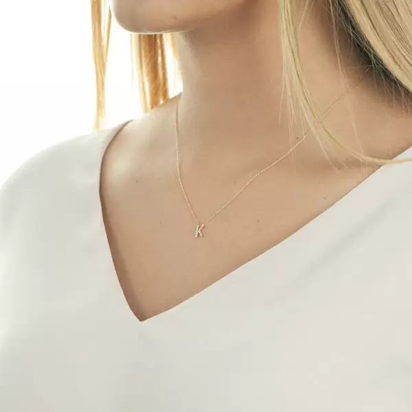 Leaf Jewelry Halskette Letter "K", 14 K Rosegold mit Diamanten Rabatt