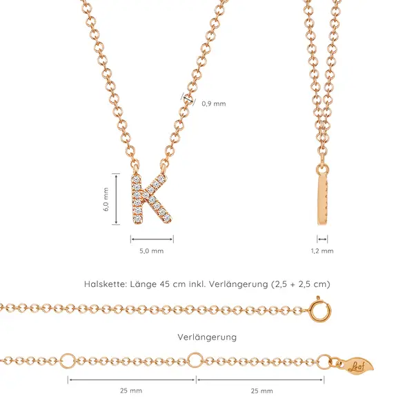 Leaf Jewelry Halskette Letter "K", 14 K Rosegold mit Diamanten Rabatt