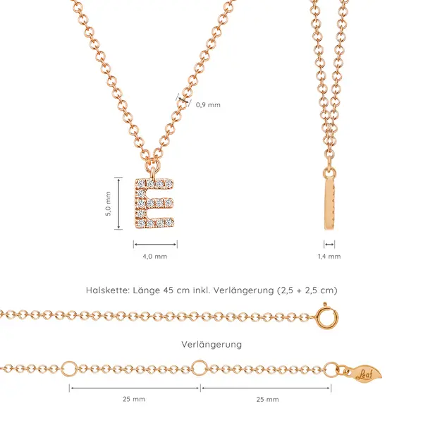 Leaf Jewelry Halskette Letter "E", 14 K Rosegold mit Diamanten Zeitbegrenzte Promotion