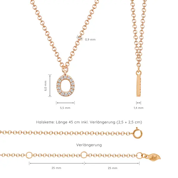 Leaf Jewelry Halskette Letter "O", 14 K Rosegold mit Diamanten Auslauf