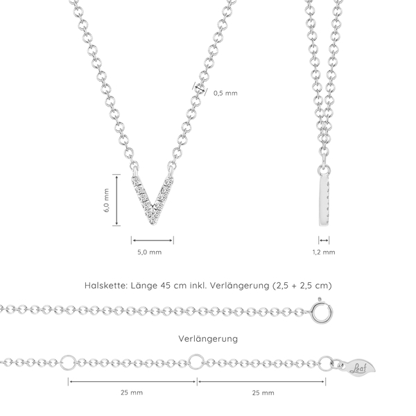 Leaf Jewelry Halskette Letter "V", 14 K Weißgold mit Diamanten Fabrikpreis