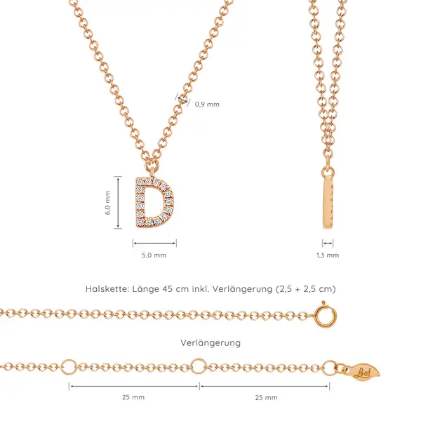 Leaf Jewelry Halskette Letter "D", 14 K Rosegold mit Diamanten Exklusivangebot