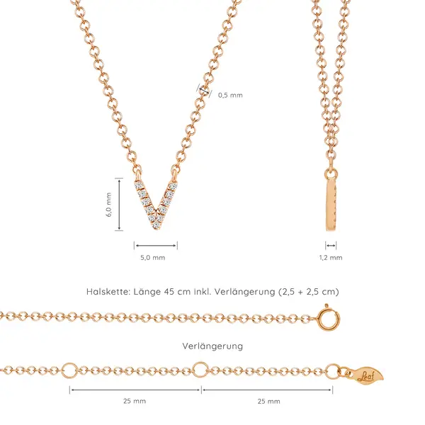 Leaf Jewelry Halskette Letter "V", 14 K Rosegold mit Diamanten Preisnachlass