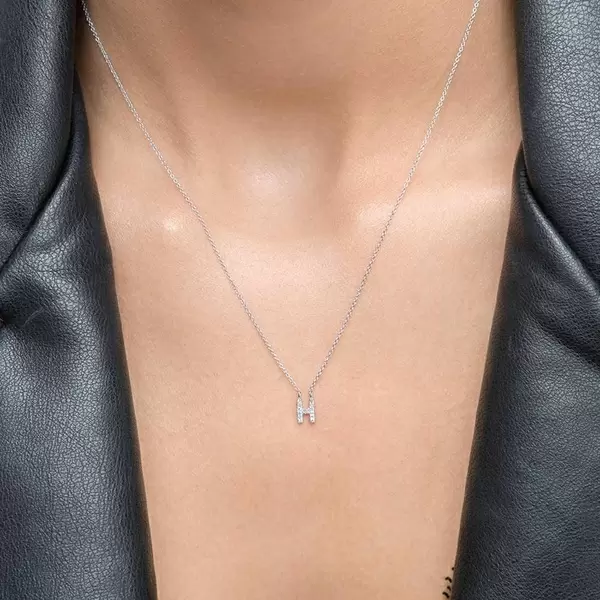 Leaf Jewelry Halskette Letter "H", 14 K Weißgold mit Diamanten Räumungsverkauf