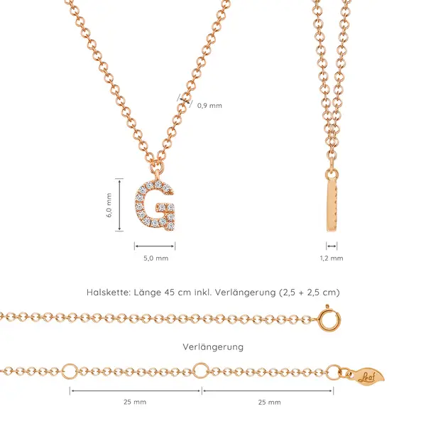 Leaf Jewelry Halskette Letter "G", 14 K Rosegold mit Diamanten Sonderangebot der Fabrik