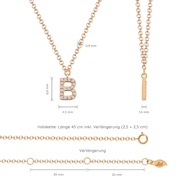 Leaf Jewelry Halskette Letter "B", 14 K Rosegold mit Diamanten Verkauf