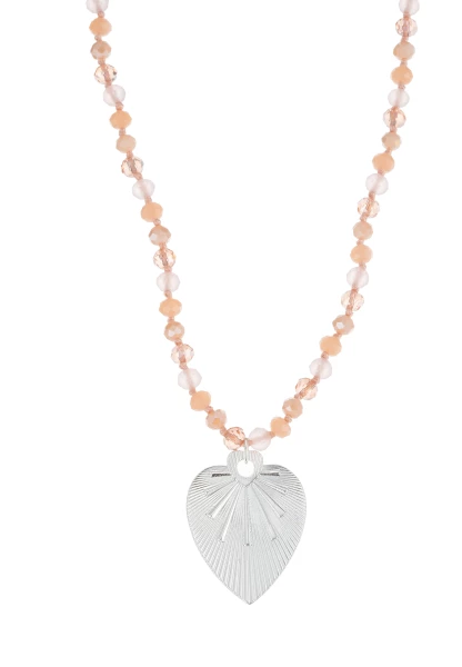 Leslii Lange Kette Herz Glasperlen Edelstahl Silber Beige Rabatt