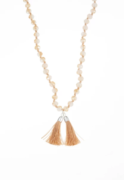 Leslii Lange Kette Tassel Glasperlen Edelstahl Silber Beige Günstig kaufen