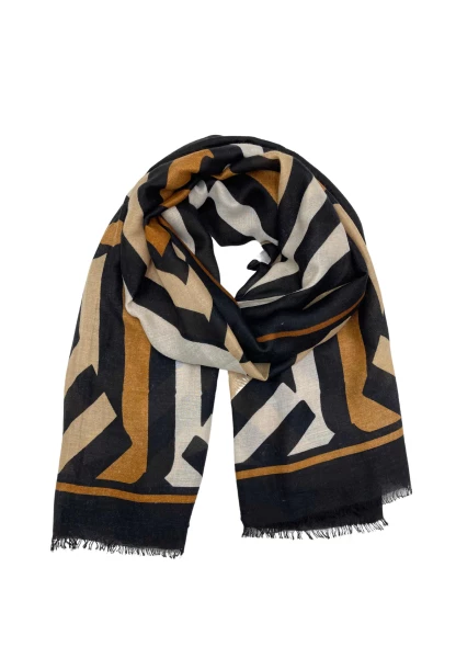 Leslii Schal Streifen-Muster Beige Schwarz Osterangebot