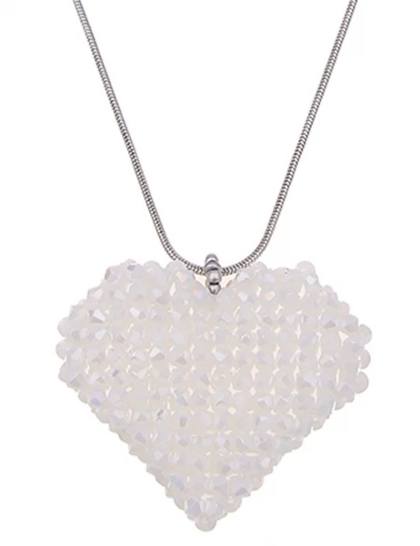 SALE! Leslii Damen-Kette Glasperlen Herz-Anhänger Heart lange Modeschmuck-Kette Silber Weiß Fabrikverkauf