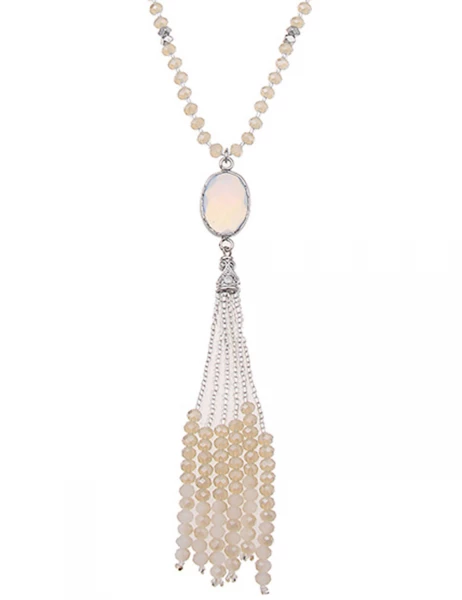 -50% SALE Leslii Lange Halskette Glasperlen-Bommel in Silber Beige Meist gekauft