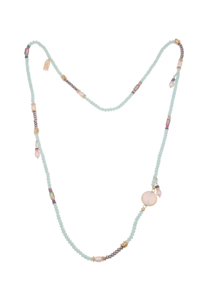 -50% SALE Leslii Lange Halskette Glasperlen echte Perlen in Weiß Mint Schlussverkauf