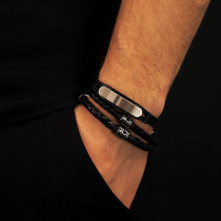 Save Brave Doppeltes Lederarmband Oscar mit Beads aus Edelstahl Sonderangebot