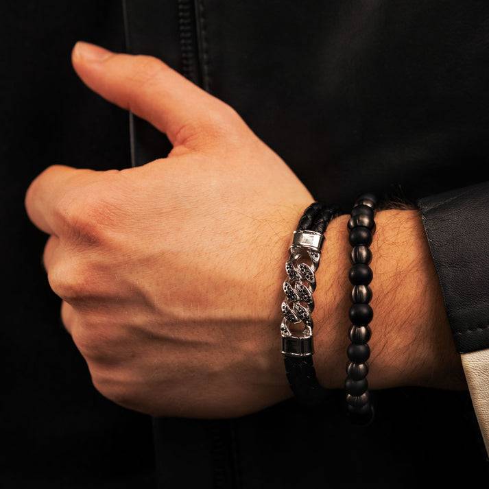 Save Brave Doppeltes Lederarmband Frank mit schwarzen Zirkoniasteinen Exklusive Angebote