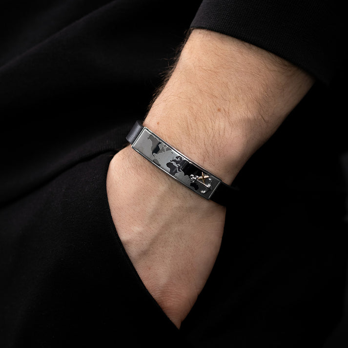 Save Brave Lederarmband Worldanchor schwarz - Welt & Anker gold Vierteljährliche Förderung
