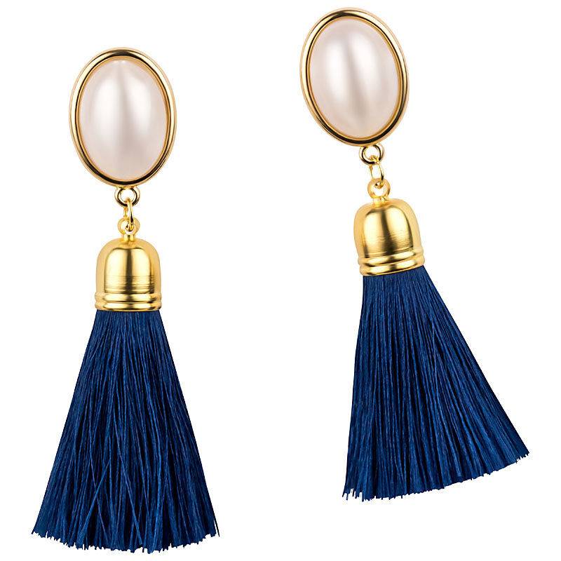 SchwesterSchwester Quasten Ohrringe als Ohrstecker in Perlmuttoptik mit marineblauer Quaste von AmuseToi Discount Store für neue Produkte