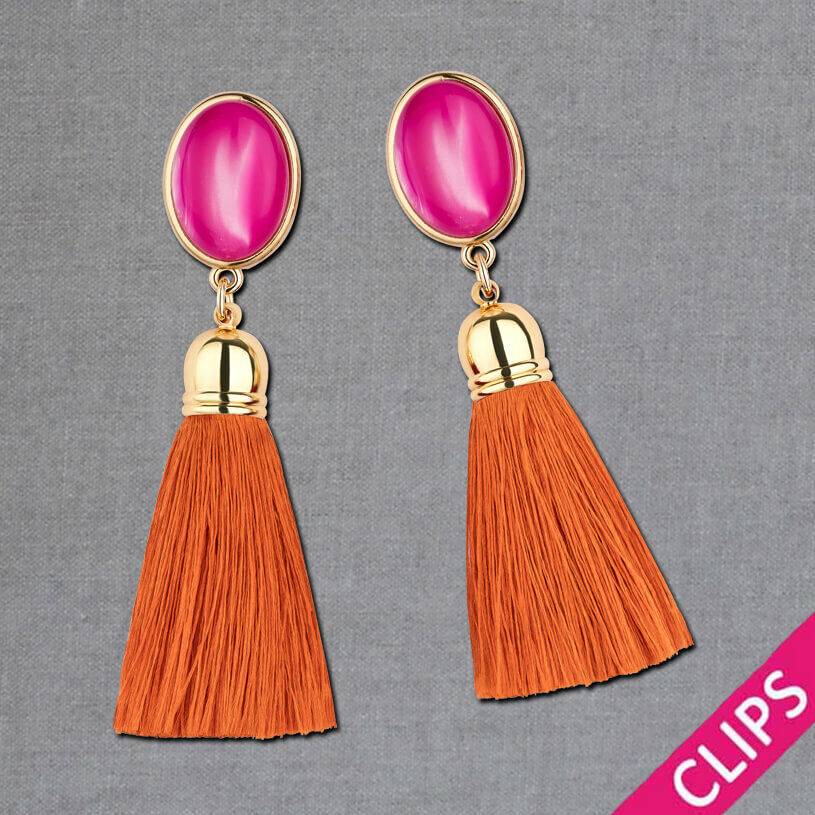 SchwesterSchwester Vergoldete Ohrclips in Pink mit Quaste in Rostorange von AmuseToi Versandkostenfrei