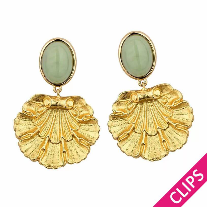 SchwesterSchwester Vergoldete Ohrclips in Jadegrün mit goldenem Muschelornament von AmuseToi Flash Sale