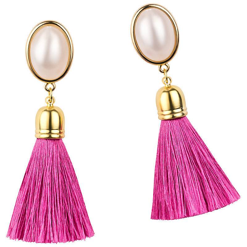 SchwesterSchwester Quasten Ohrringe als Ohrstecker in Perlmuttoptik mit pinkfarbener Quaste von AmuseToi Top Angebot