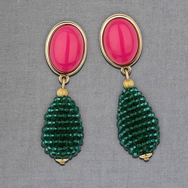 SchwesterSchwester Pinkfarbene Ohrstecker mit glitzerndem dunkelgrünen Tropfen von AmuseToi Rabatte dieses Monats