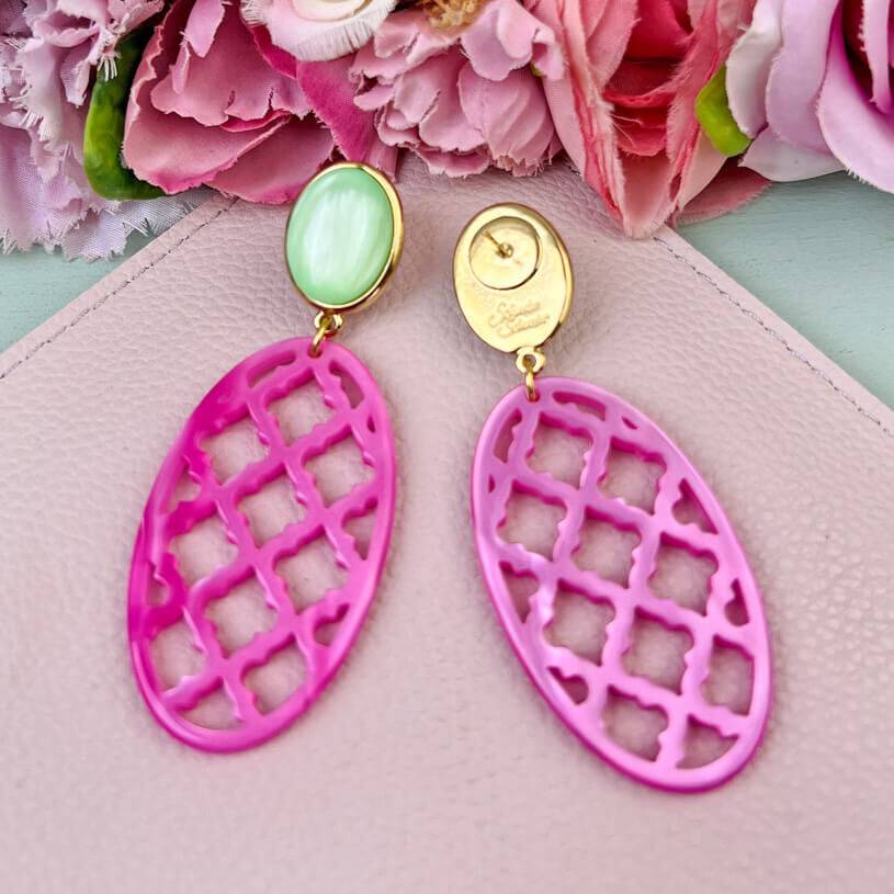 SchwesterSchwester Vergoldete Ohrstecker in wunderschönem Hellgrün mit Oval in Pink im Marrakesch-Stil Heißer Verkauf