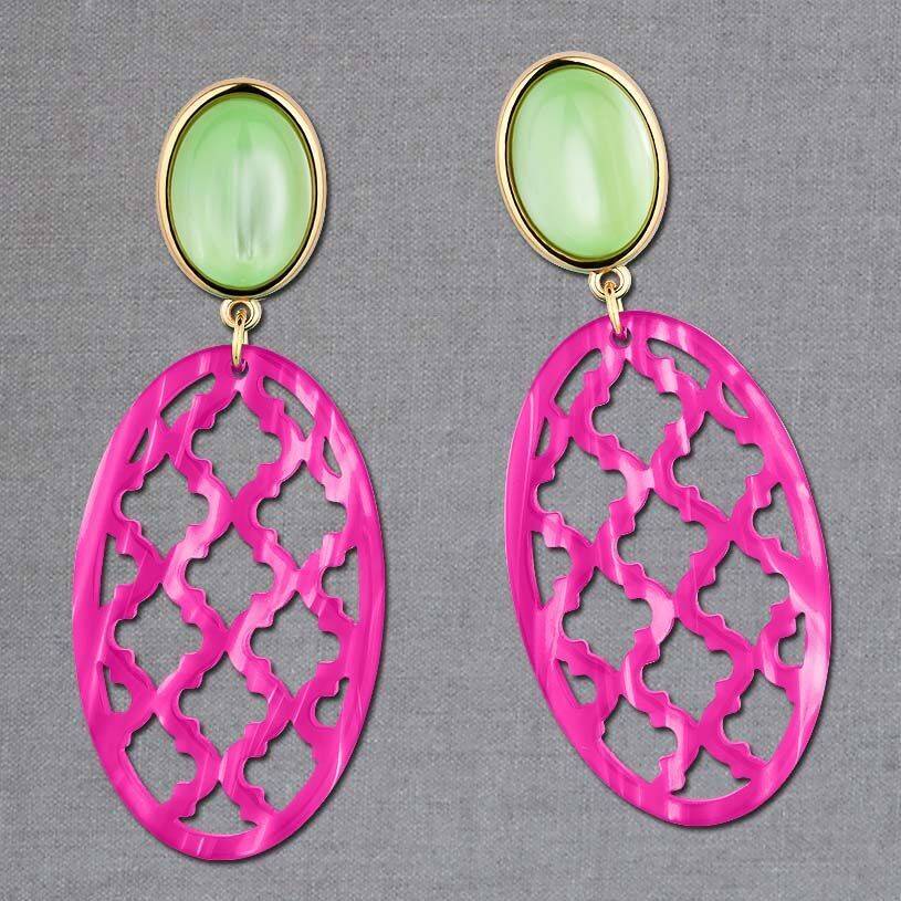 SchwesterSchwester Vergoldete Ohrstecker in wunderschönem Hellgrün mit Oval in Pink im Marrakesch-Stil Heißer Verkauf