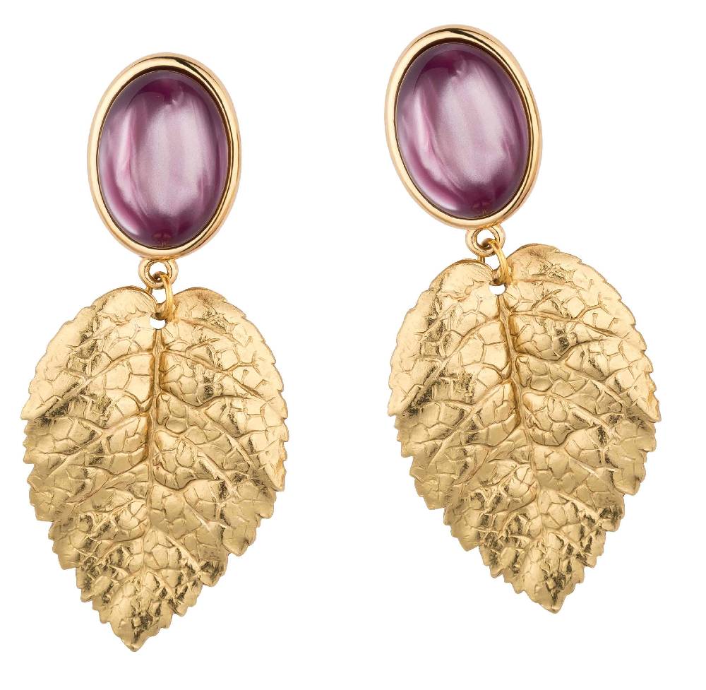 SchwesterSchwester Amethystfarbene Ohrstecker mit goldenem Blatt von AmuseToi Tägliche Deals
