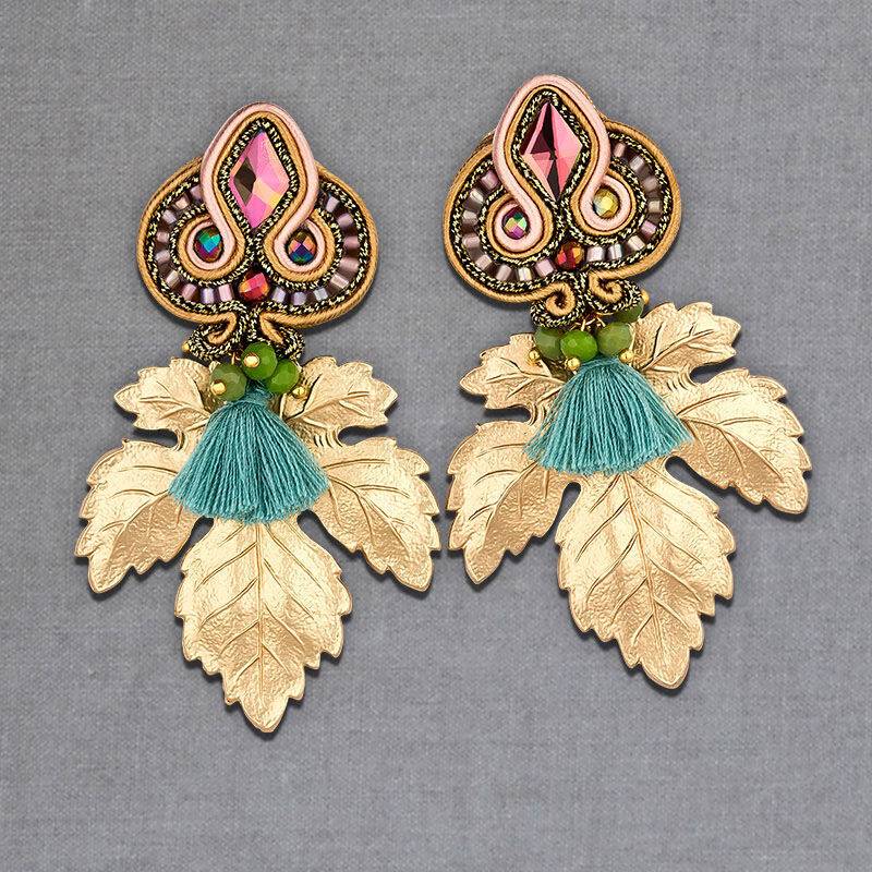 SchwesterSchwester Rosafarbene Soutache-Ohrstecker kleinen hellblauen Quasten und goldenen Blättern Zeitbegrenzte Promotion