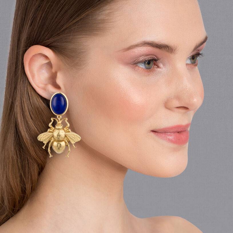 SchwesterSchwester Dunkelblauer Ohrstecker mit vergoldeter Hummel von AmuseToi Flash Sale